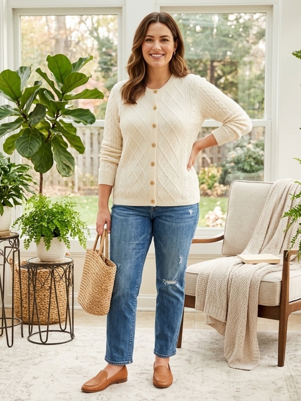 Sarah Spencer Women’s XL Lambswool Angora Cream Cable Knit Cardigan Sweater